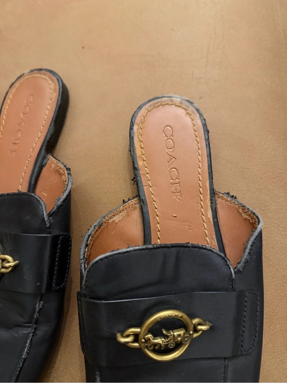 COACH Women's Black Leather Slide Mules with Gold Horse Accent ***peeling, poor